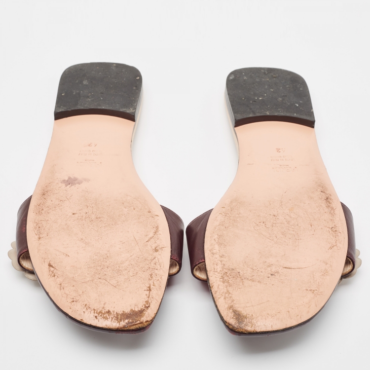 Pre Owned Fendi Burgundy Leather Flowerland Flat Slides Size 42