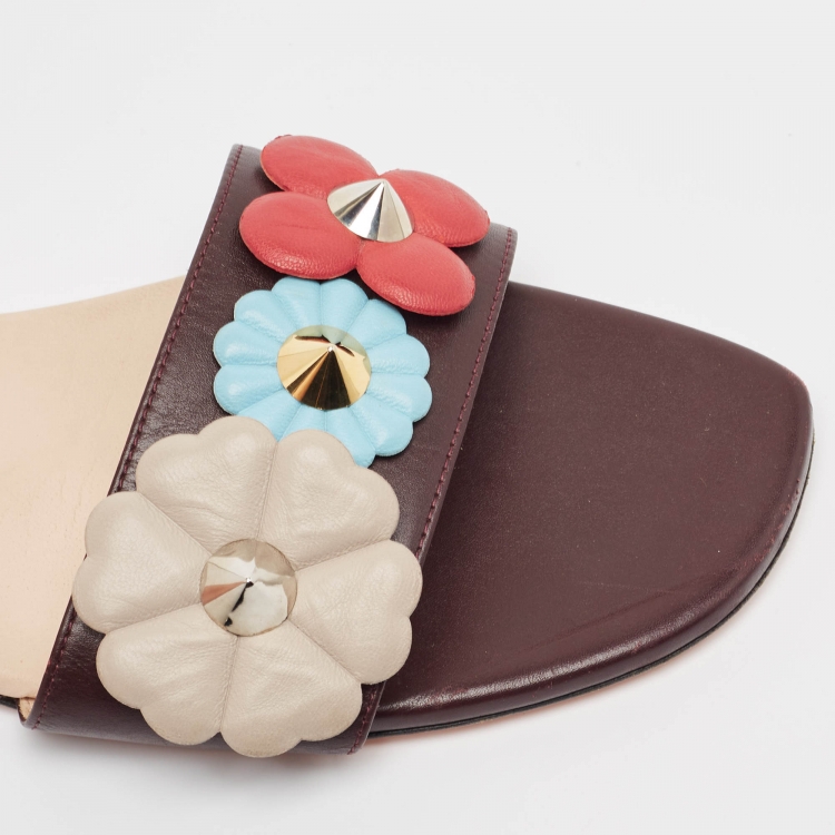 Pre Owned Fendi Burgundy Leather Flowerland Flat Slides Size 42