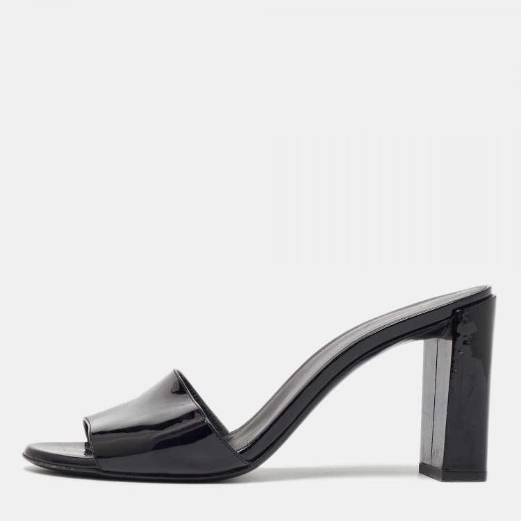Pre Owned Fendi Black Patent Leather Logo Slide Sandals Size 40
