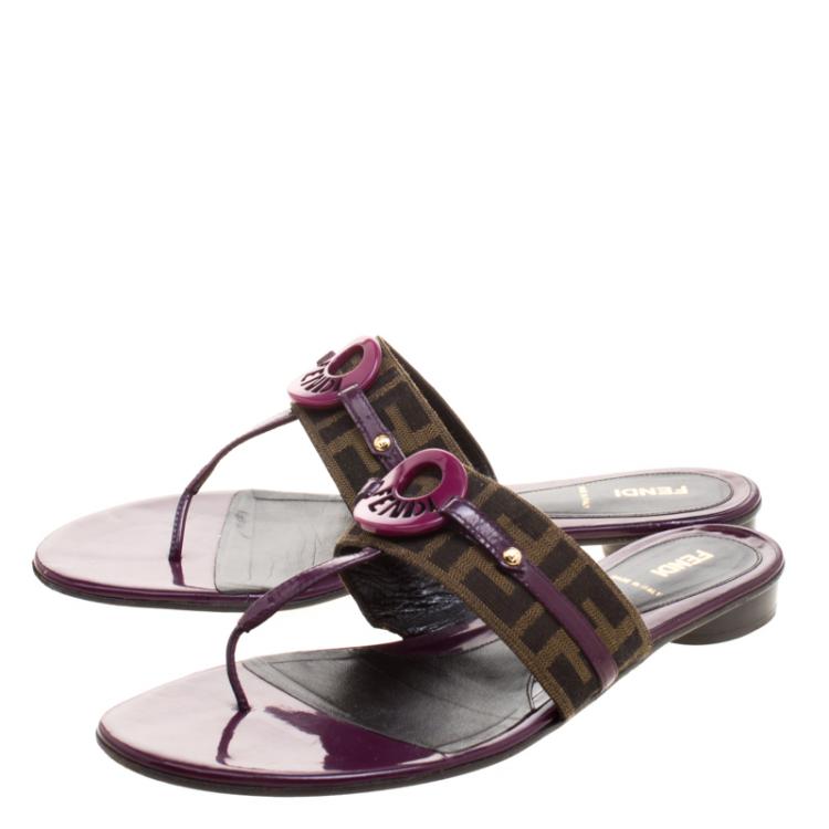 مملوكة مسبقًا Fendi Purple Leather and Zucca Canvas Flat Thong Sandals Size 41.5