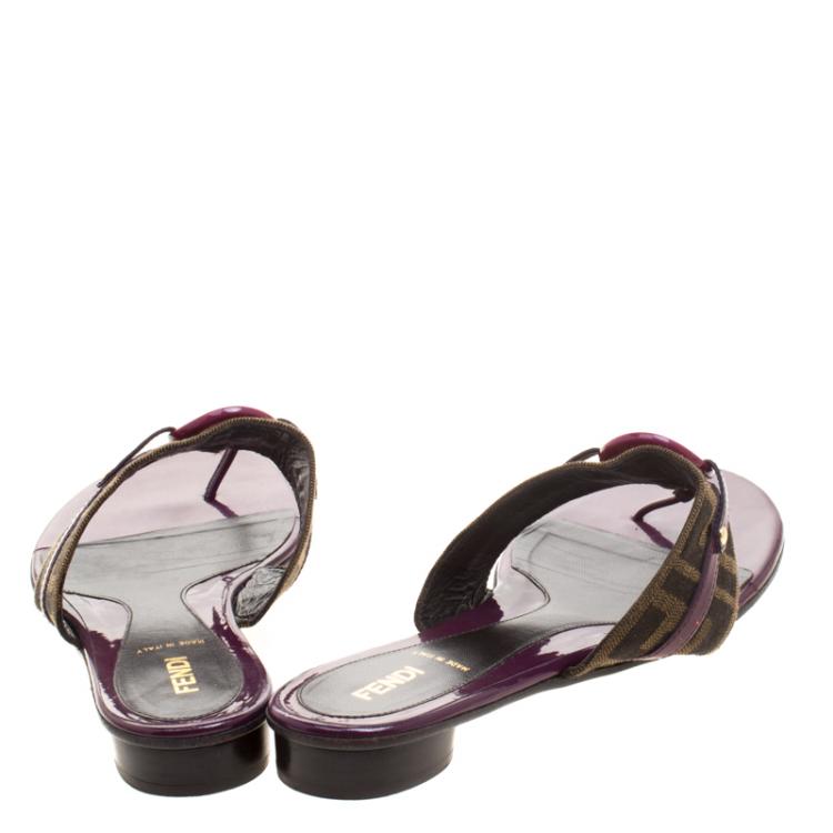 مملوكة مسبقًا Fendi Purple Leather and Zucca Canvas Flat Thong Sandals Size 41.5
