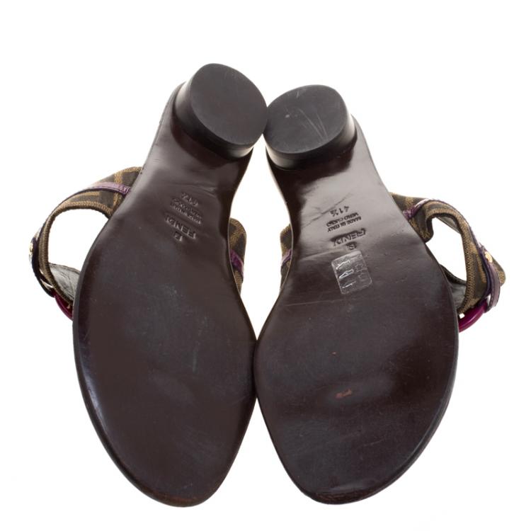 مملوكة مسبقًا Fendi Purple Leather and Zucca Canvas Flat Thong Sandals Size 41.5