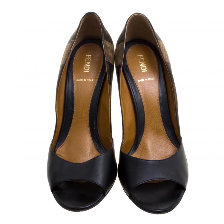 Pre Owned Fendi Black Leather and Striped Canvas Pequin Open Toe Pumps Size 40
