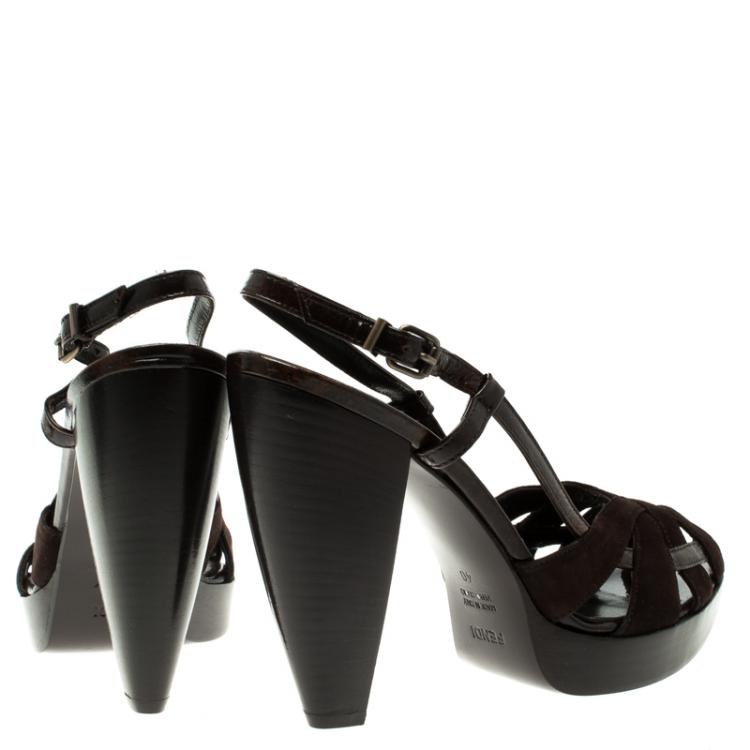 Pre Owned Fendi Brown Suede And Tobacco Patent Leather Slingback Sandals Size 40
