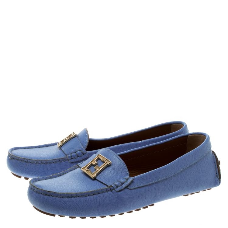Pre Owned Fendi Sky Blue Saffiano Leather Logo Loafers Size 38.5