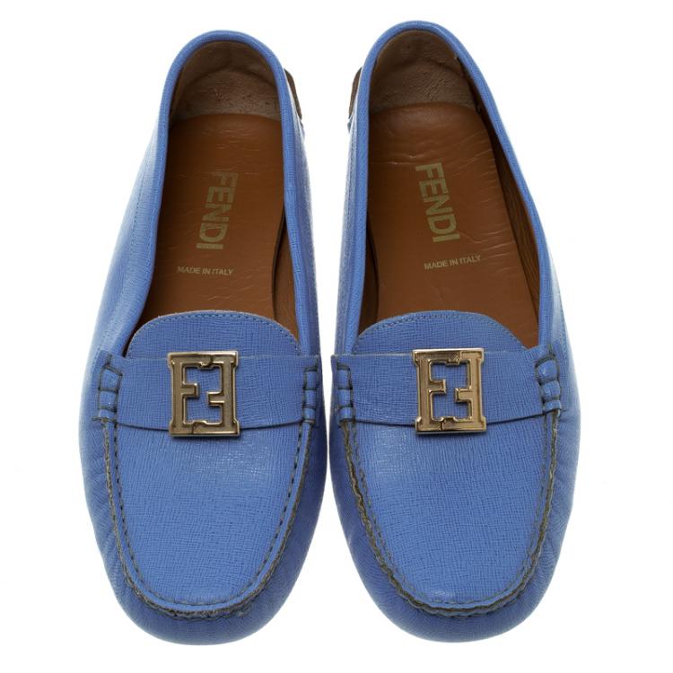 Pre Owned Fendi Sky Blue Saffiano Leather Logo Loafers Size 38.5