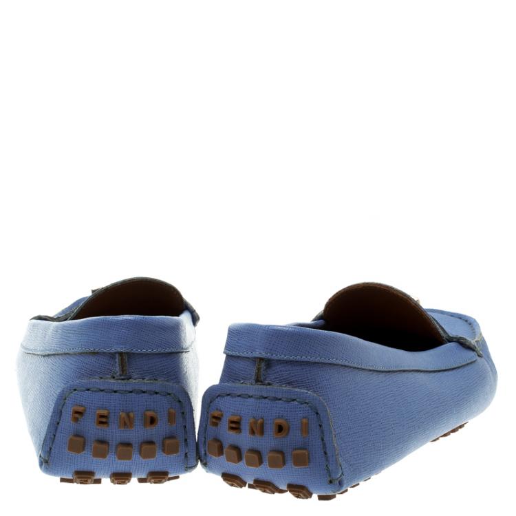 Pre Owned Fendi Sky Blue Saffiano Leather Logo Loafers Size 38.5