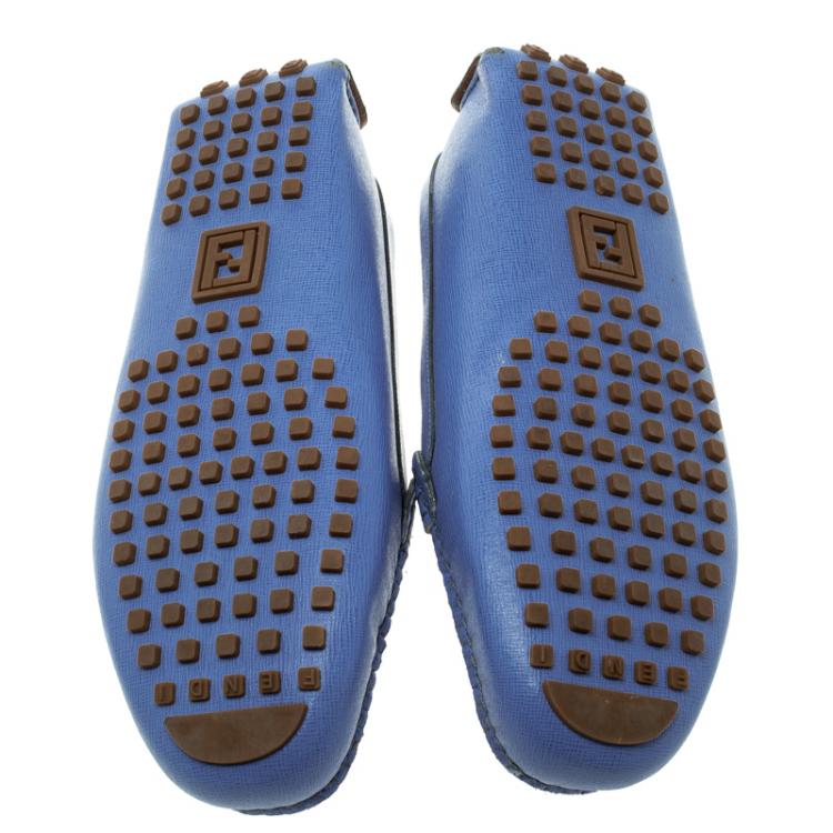 Pre Owned Fendi Sky Blue Saffiano Leather Logo Loafers Size 38.5