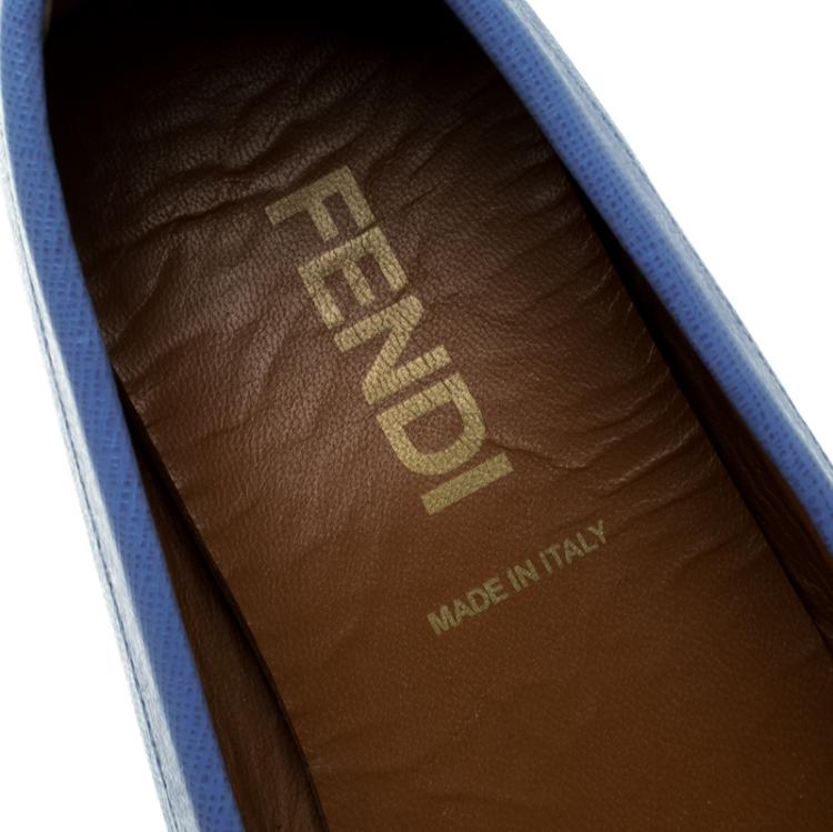 Pre Owned Fendi Sky Blue Saffiano Leather Logo Loafers Size 38.5
