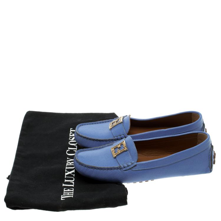 Pre Owned Fendi Sky Blue Saffiano Leather Logo Loafers Size 38.5