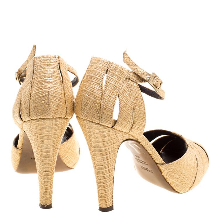 Pre Owned Fendi Beige Raffia Ankle Strap Platform Sandals Size 38