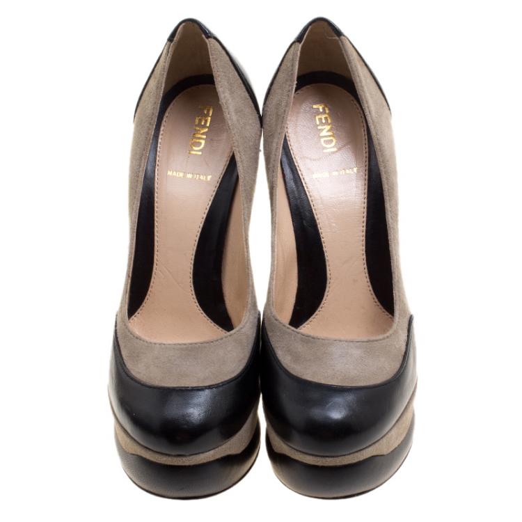 Pre Owned Fendi Two Tone Suede and Leather Platform Pumps Size 35