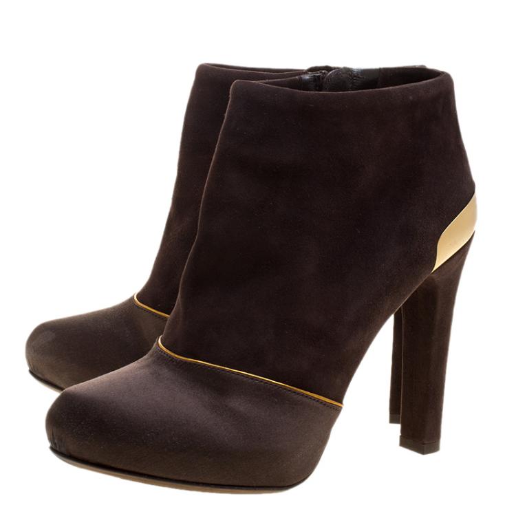Pre Owned Fendi Brown Suede and Satin Ankle Boots Size 37.5