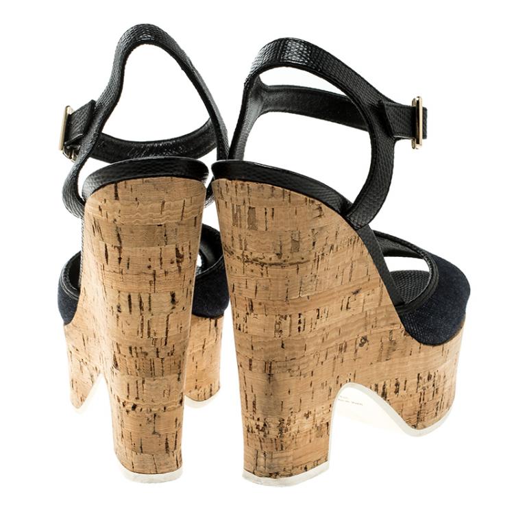 Pre Owned Fendi Black/Navy Blue Leather and Denim Cork Platform Sandals Size 37.5