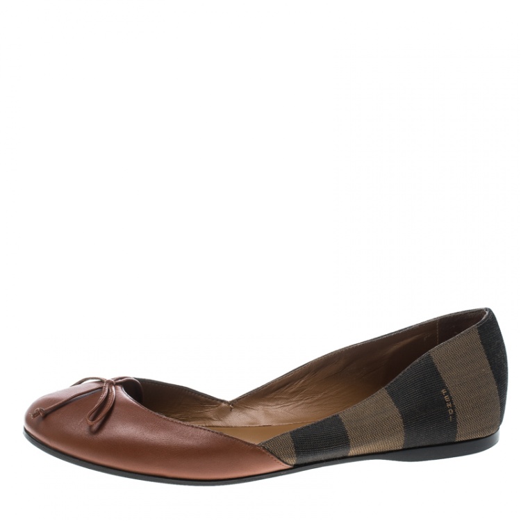 Pre Owned Fendi Brown Canvas and Leather Pequin Bow Ballet Flats Size 39