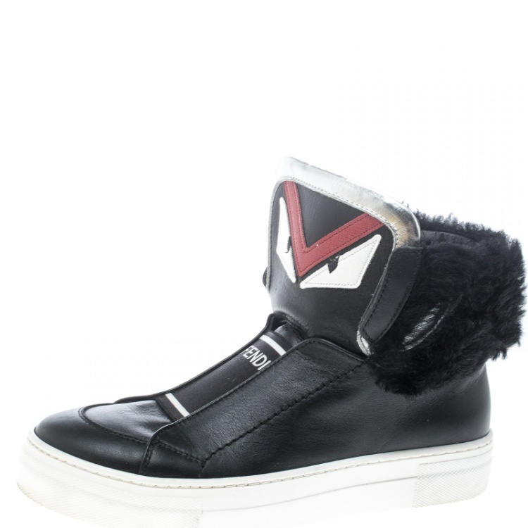 Pre Owned Fendi Black Leather and Fur Monster High Top Sneakers Size 36