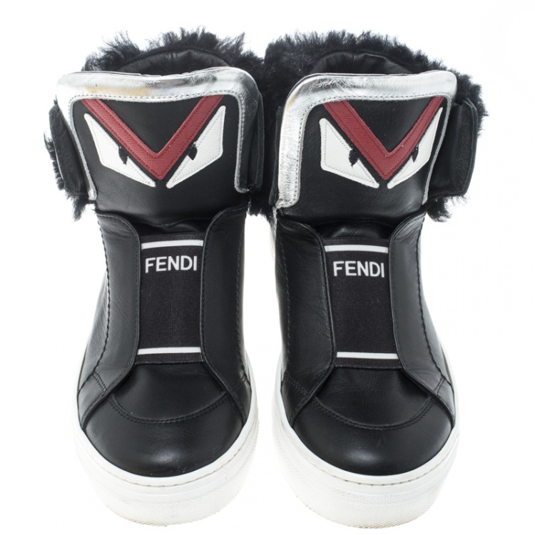 Pre Owned Fendi Black Leather and Fur Monster High Top Sneakers Size 36