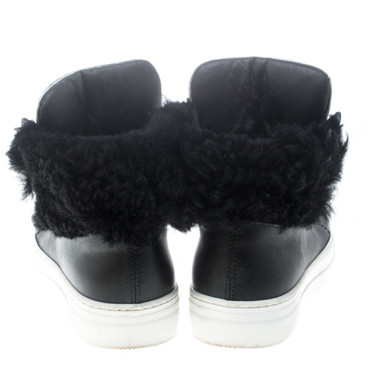 Pre Owned Fendi Black Leather and Fur Monster High Top Sneakers Size 36