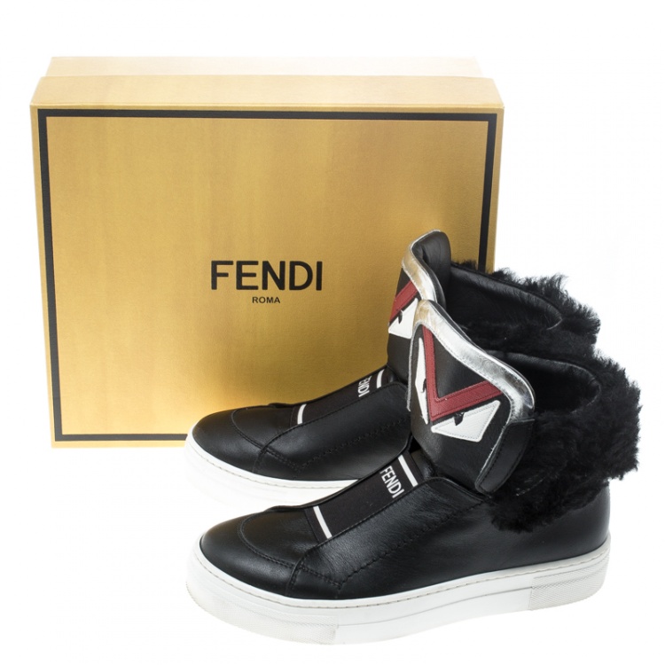 Pre Owned Fendi Black Leather and Fur Monster High Top Sneakers Size 36