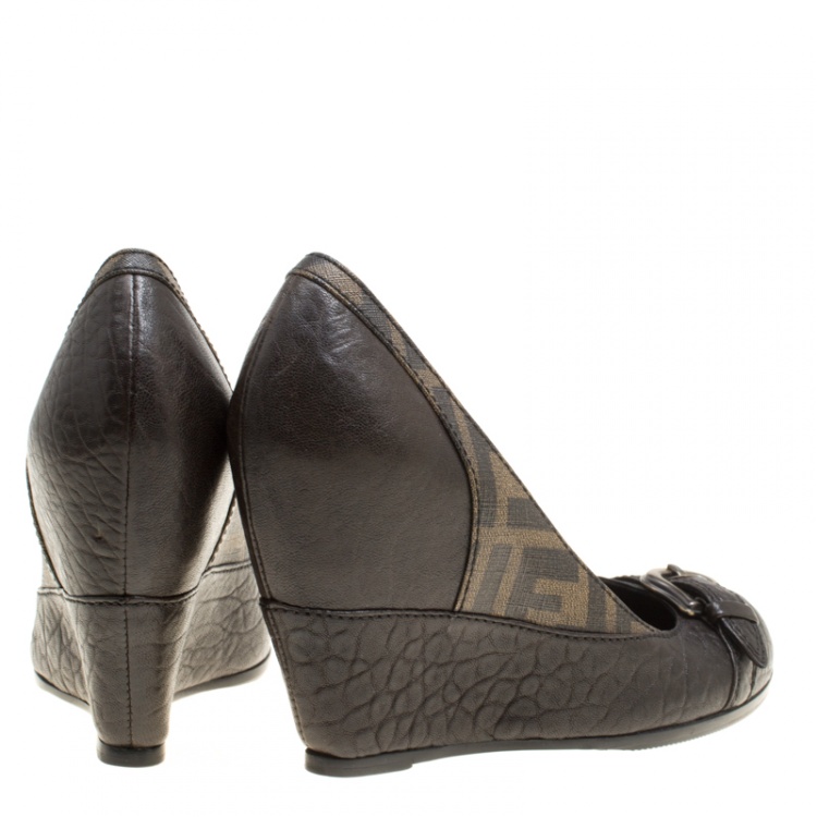 Pre Owned Fendi Dark Brown Leather and Zucca Canvas Buckle Detail Wedge Pumps Size 36