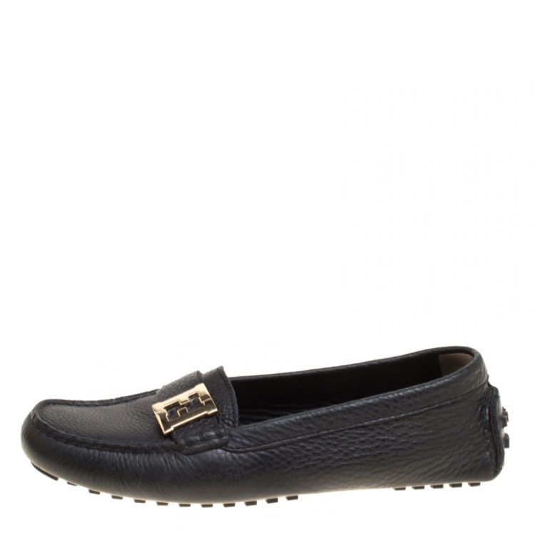 Pre Owned Fendi Black Leather Logo Loafers Size 38