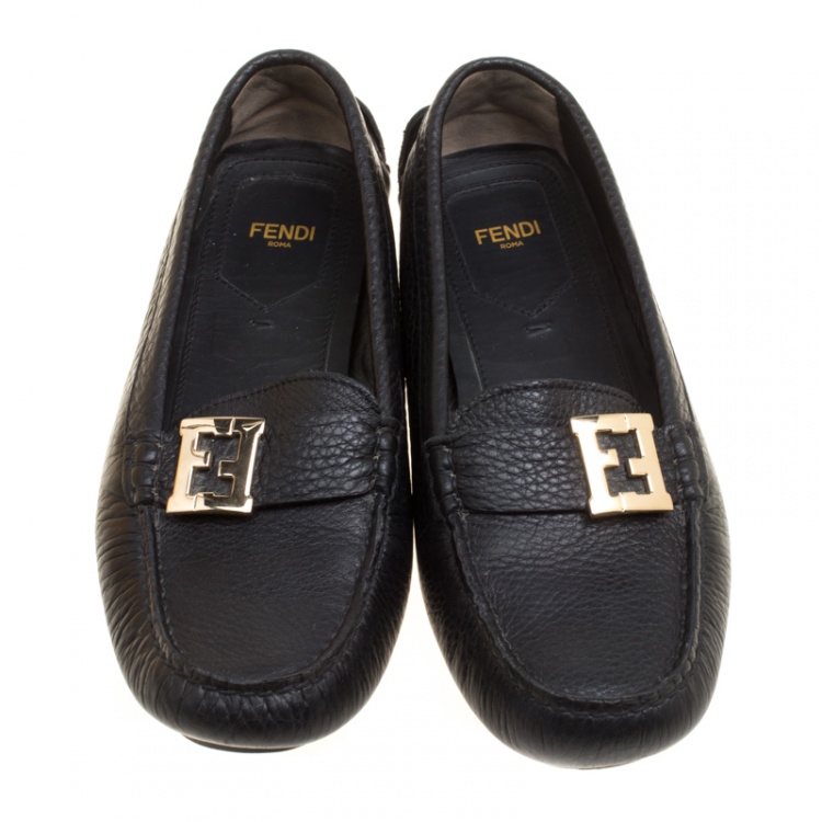 Pre Owned Fendi Black Leather Logo Loafers Size 38