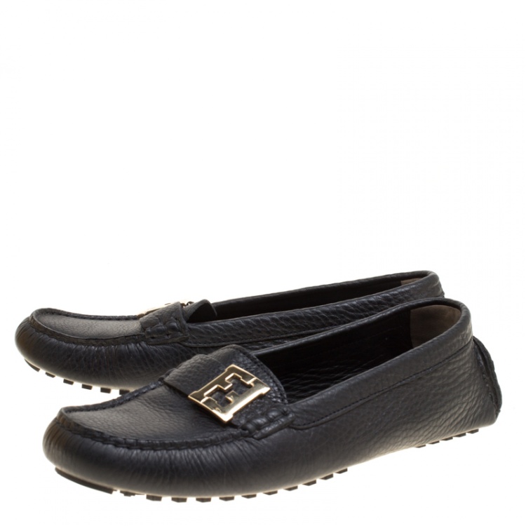 Pre Owned Fendi Black Leather Logo Loafers Size 38