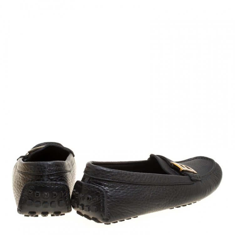 Pre Owned Fendi Black Leather Logo Loafers Size 38