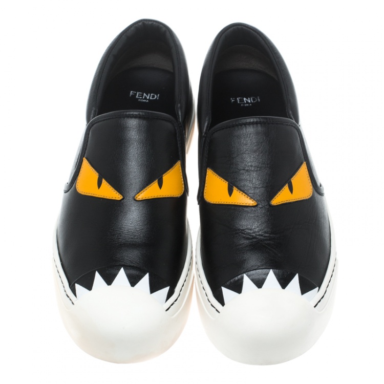 Pre Owned Fendi Black Leather Monster Slip On Sneakers Size 38