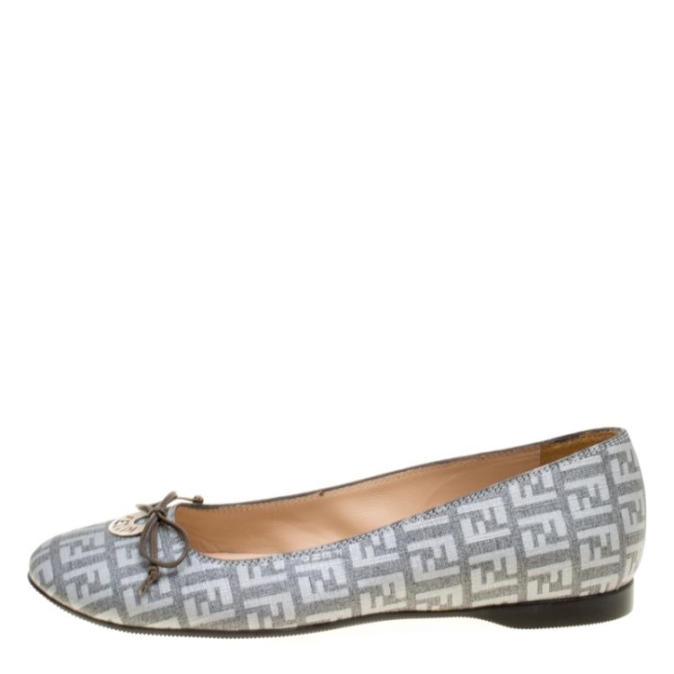 Pre Owned Fendi Grey Zucca Canvas Bow Ballet Flats Size 36