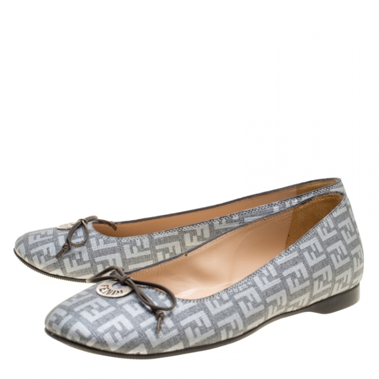 Pre Owned Fendi Grey Zucca Canvas Bow Ballet Flats Size 36