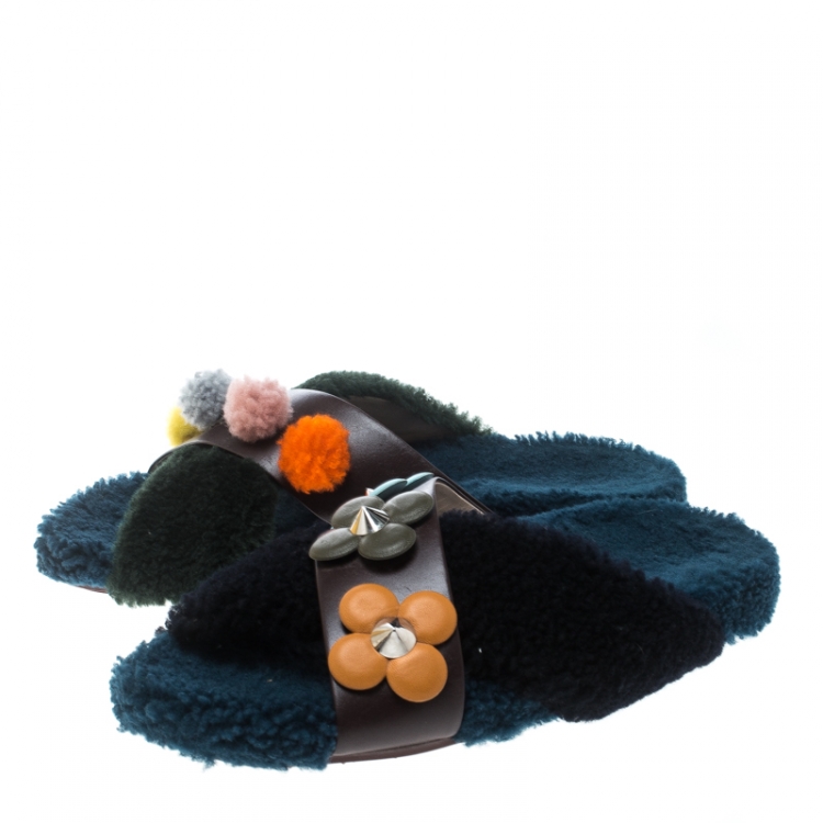 Pre Owned Fendi Multicolor Cross Strap Pom Pom Flat Slides Size 39