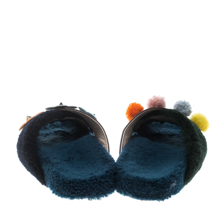 Pre Owned Fendi Multicolor Cross Strap Pom Pom Flat Slides Size 39