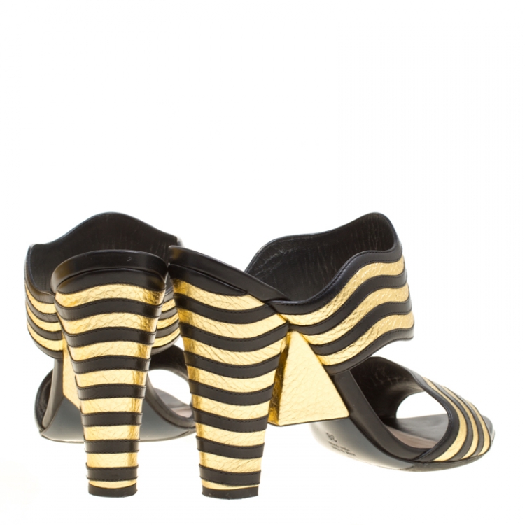 Pre Owned Fendi Black/Gold Wave Striped Leather Mules Size 38