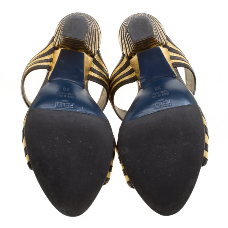Pre Owned Fendi Black/Gold Wave Striped Leather Mules Size 38