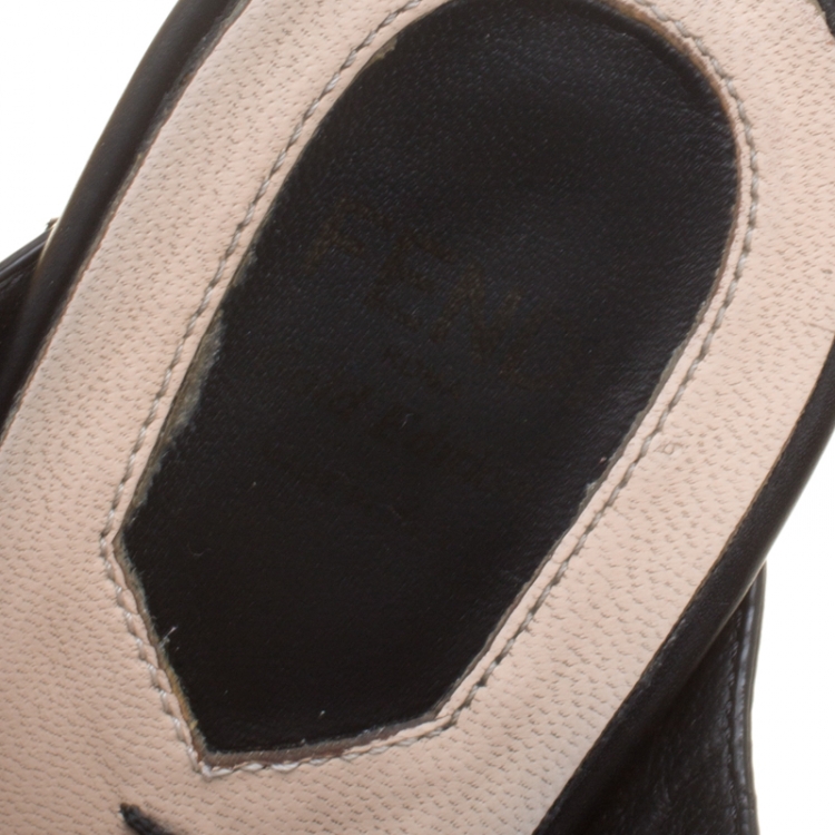 Pre Owned Fendi Black/Gold Wave Striped Leather Mules Size 38