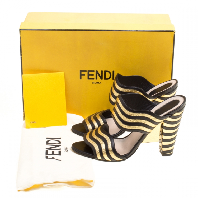 Pre Owned Fendi Black/Gold Wave Striped Leather Mules Size 38