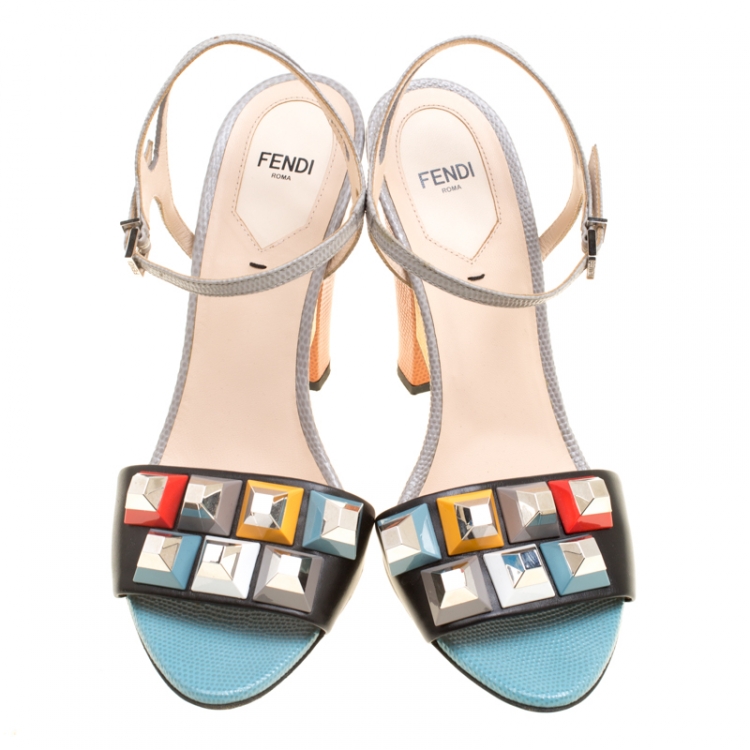 Pre Owned Fendi Multicolor Leather Fantasia Studded Ankle Strap Sandals Size 39.5