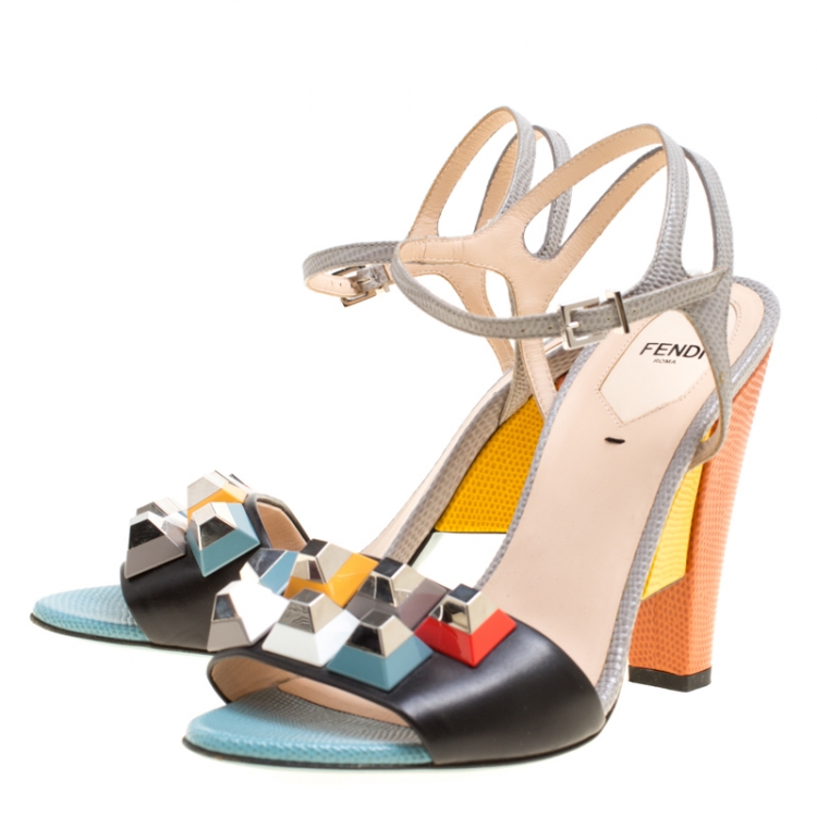 Pre Owned Fendi Multicolor Leather Fantasia Studded Ankle Strap Sandals Size 39.5
