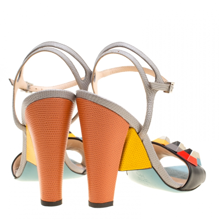Pre Owned Fendi Multicolor Leather Fantasia Studded Ankle Strap Sandals Size 39.5