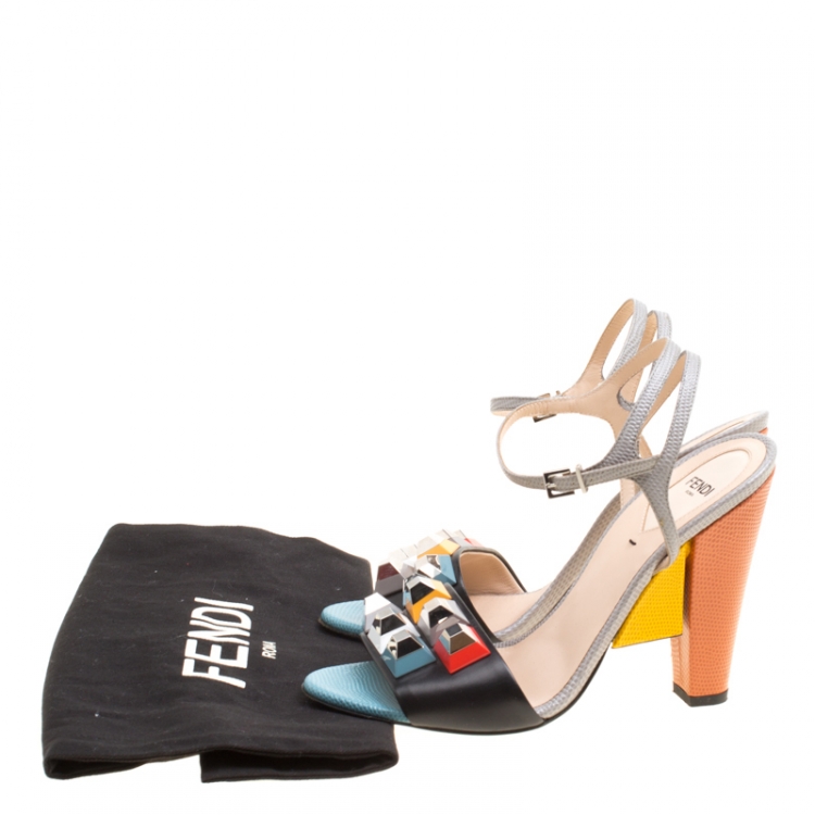 Pre Owned Fendi Multicolor Leather Fantasia Studded Ankle Strap Sandals Size 39.5