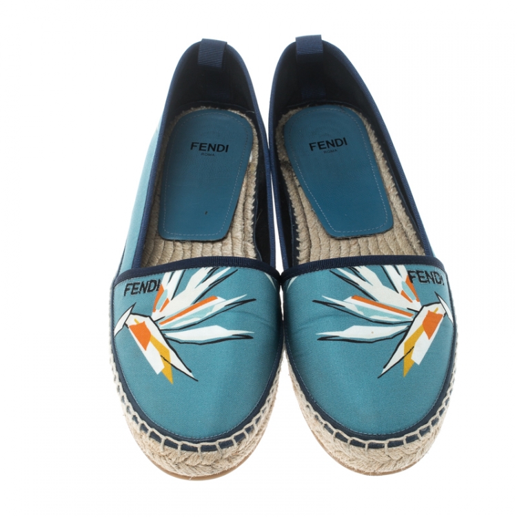 Pre Owned Fendi Blue Printed Cotton Fabric Espadrilles Size 38