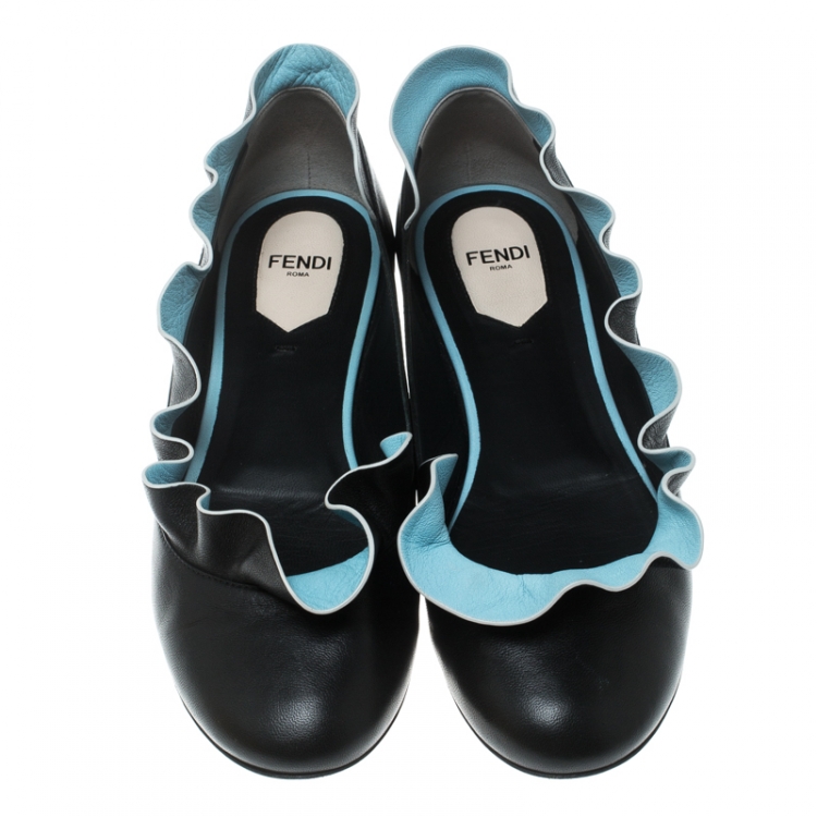مملوكة مسبقًا Fendi Black Leather Ruffle Trim Ballet Flats Size 37.5