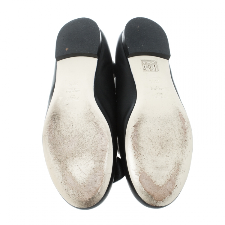 مملوكة مسبقًا Fendi Black Leather Ruffle Trim Ballet Flats Size 37.5