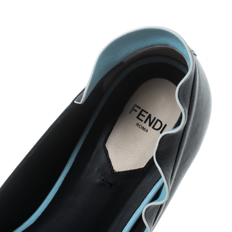 مملوكة مسبقًا Fendi Black Leather Ruffle Trim Ballet Flats Size 37.5