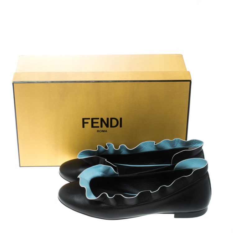 مملوكة مسبقًا Fendi Black Leather Ruffle Trim Ballet Flats Size 37.5
