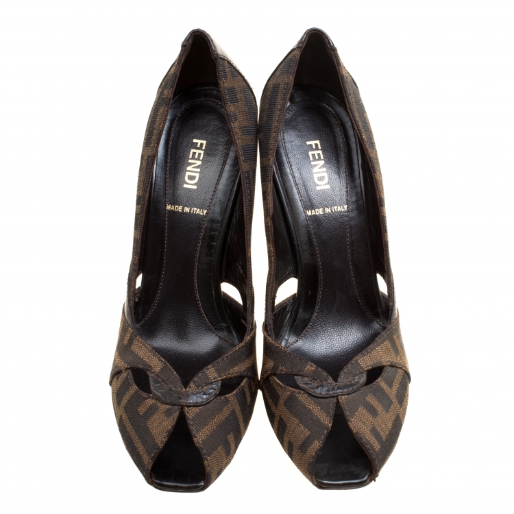 Pre Owned Fendi Tobacco Zucca Canvas Peep Toe Pumps Size 36