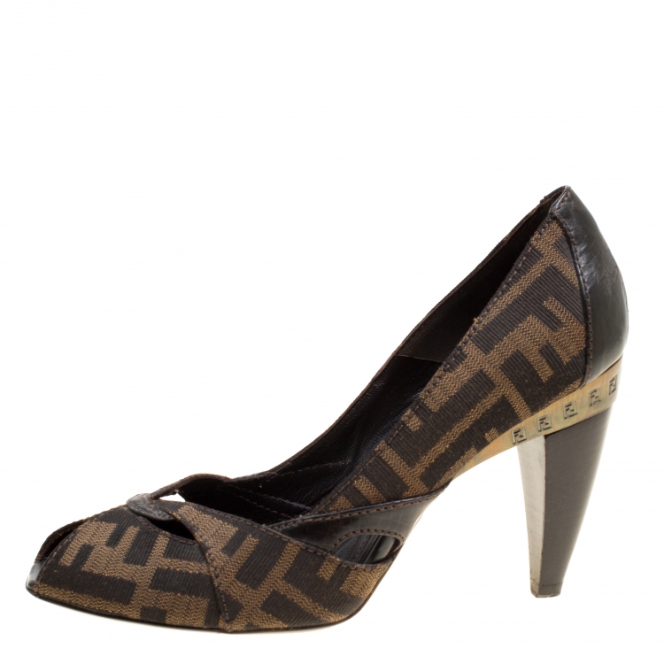 Pre Owned Fendi Tobacco Zucca Canvas Peep Toe Pumps Size 36