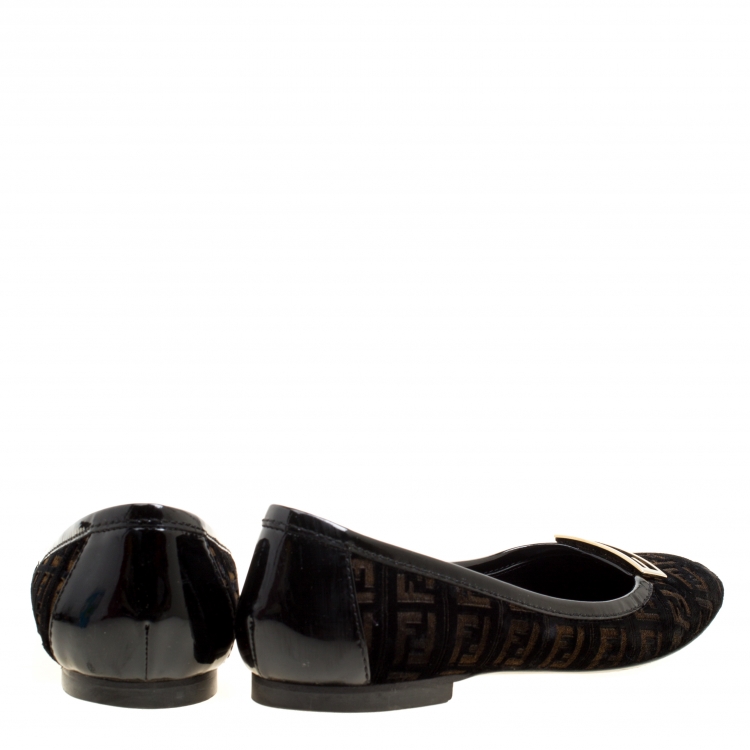 مملوكة مسبقًا Fendi Black Zucca Velvet and Patent Leather Square Toe Ballet Flats Size 37