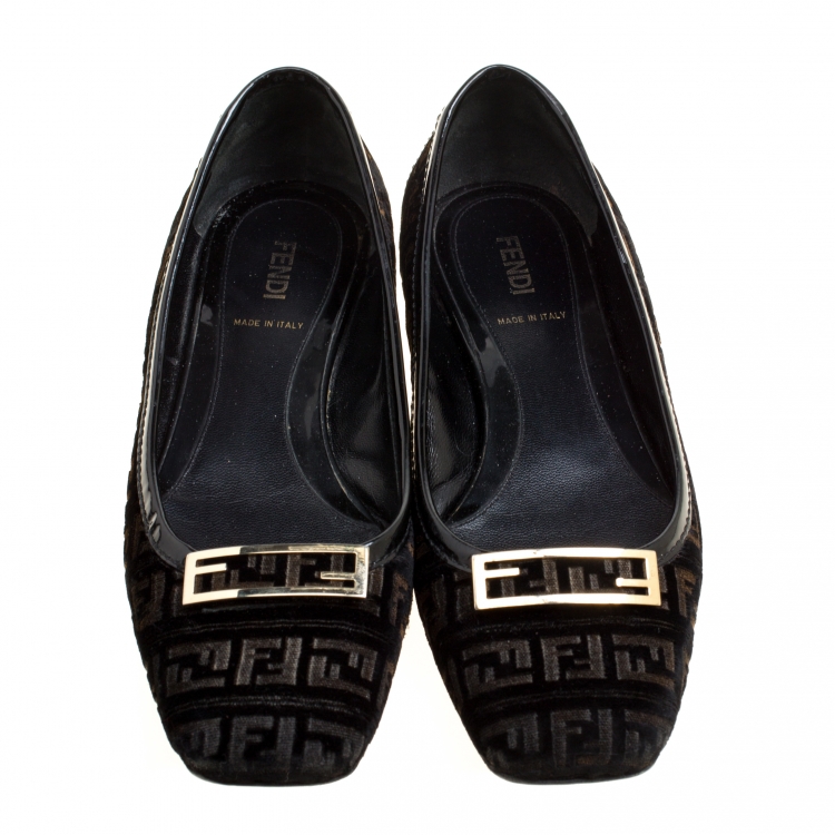 مملوكة مسبقًا Fendi Black Zucca Velvet and Patent Leather Square Toe Ballet Flats Size 37